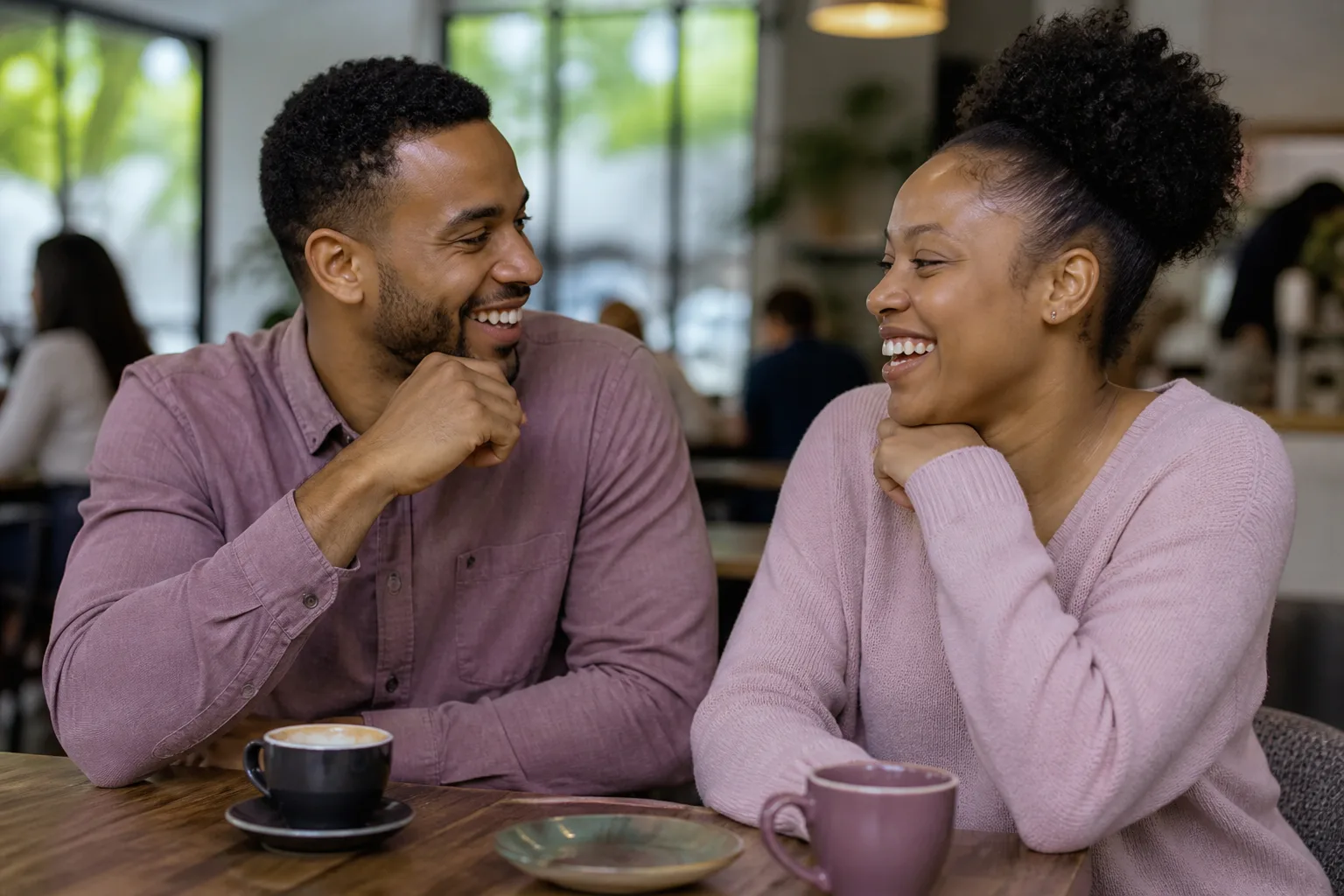Black couple talking over coffee in central Adelaide