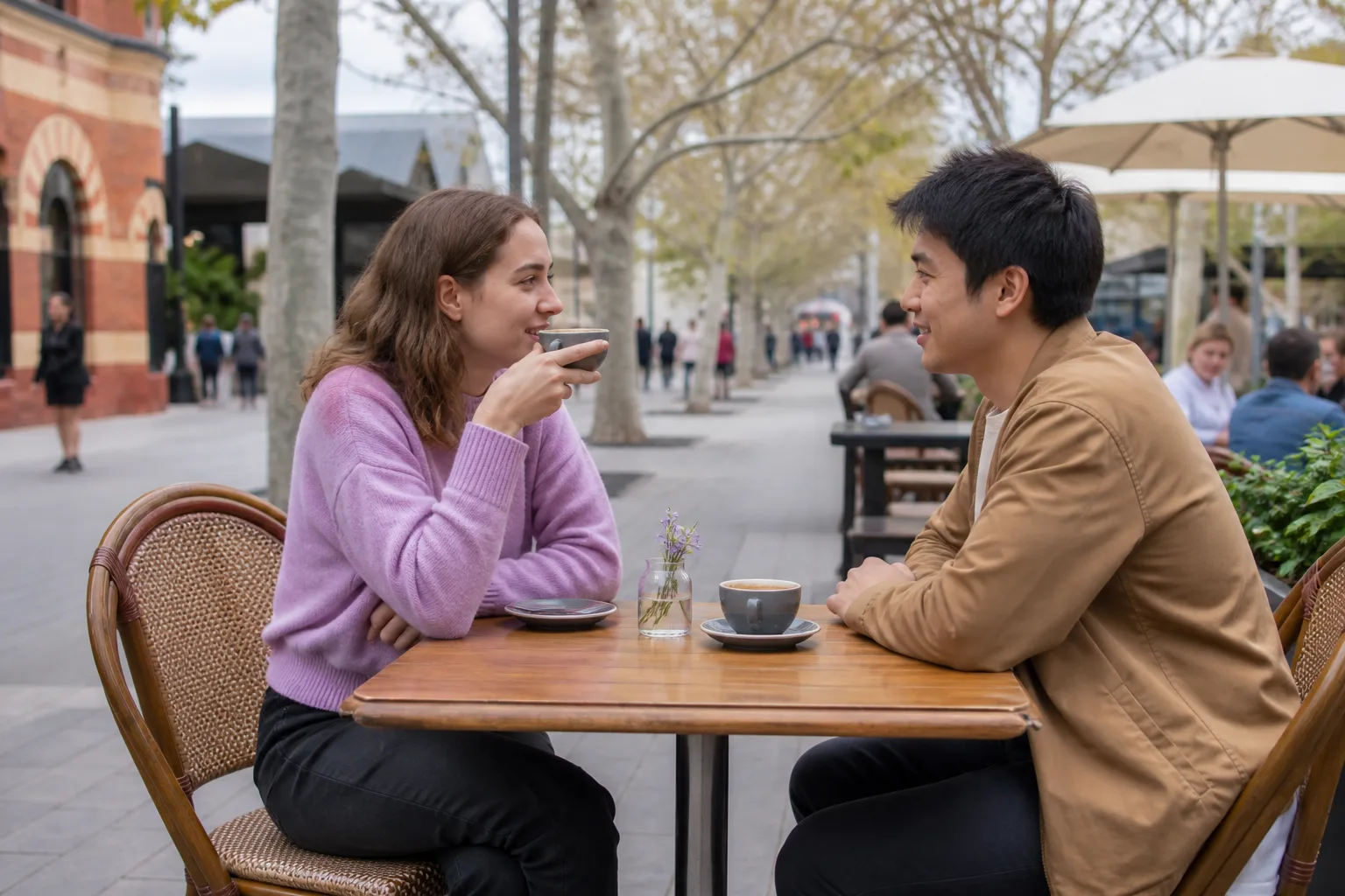 Two people talking over coffee at a quiet outdoor table in Adelaide