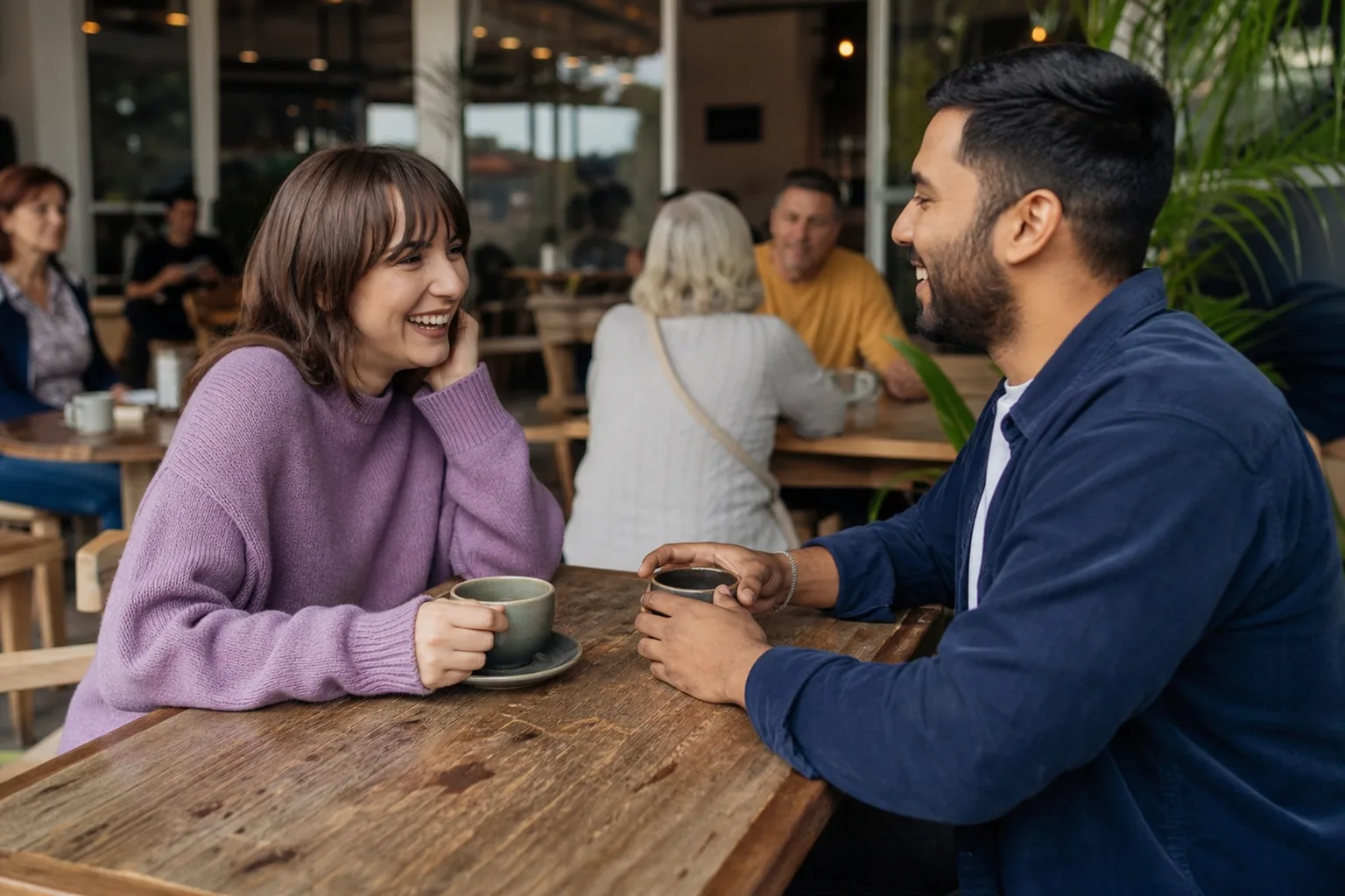 Two people talking over coffee in Adelaide