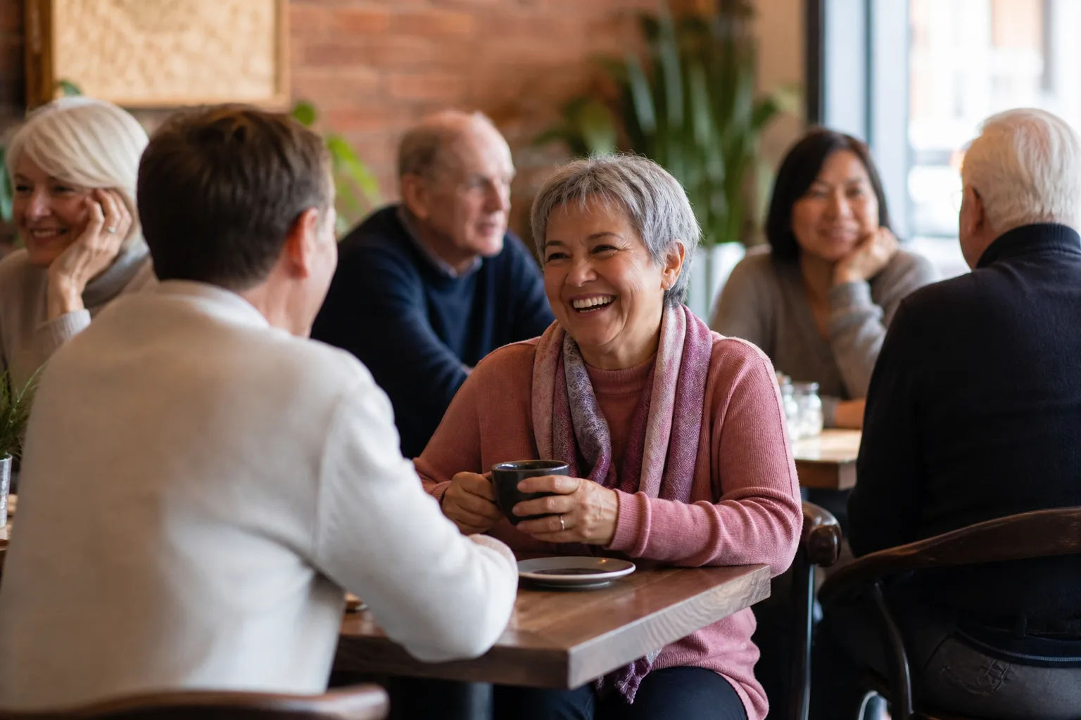 Two people over 50 talking over drinks at an Adelaide bar