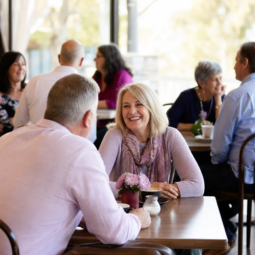 Mature Adelaide singles having a relaxed conversation at a city venue