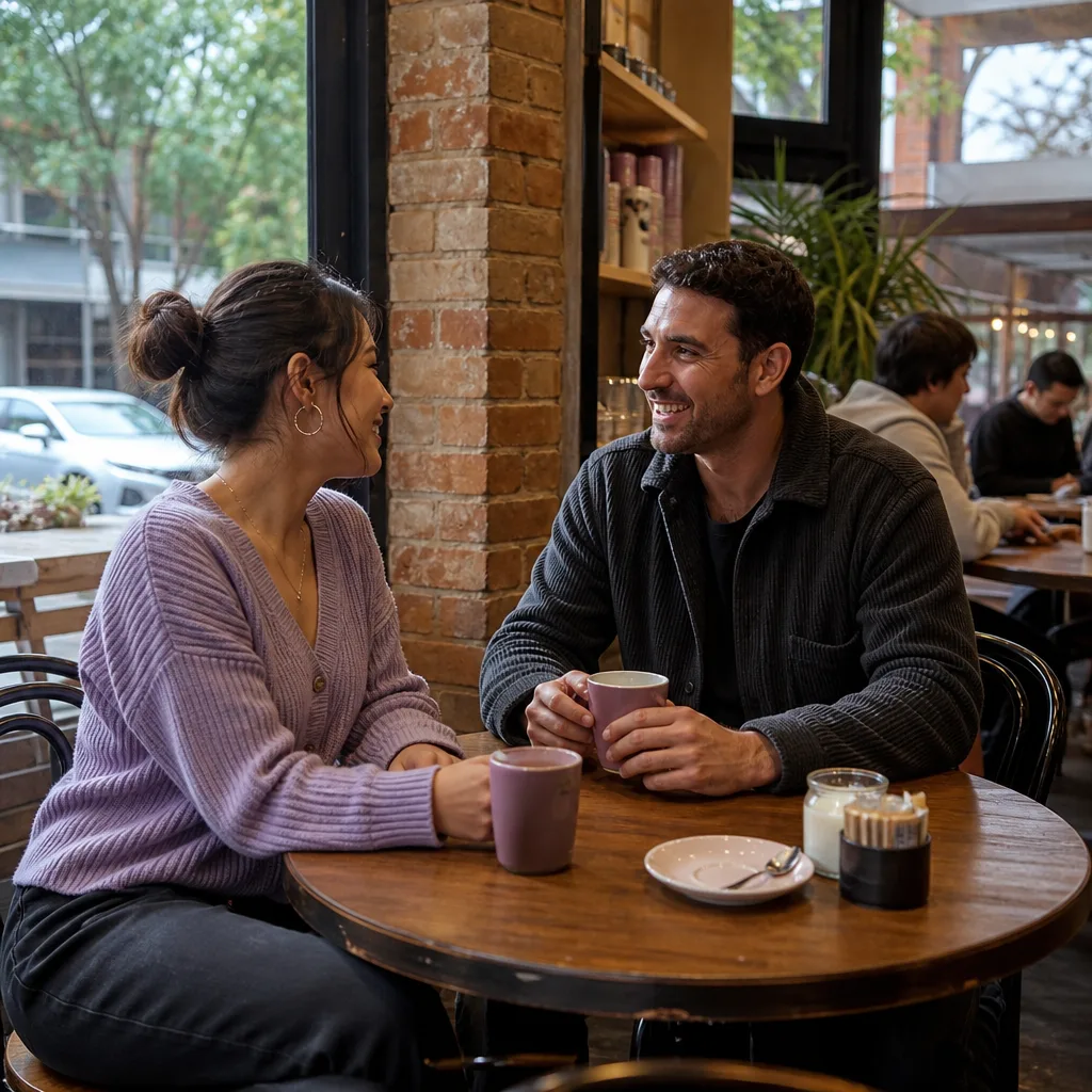 Two people having a relaxed first coffee date near Adelaide Central Market