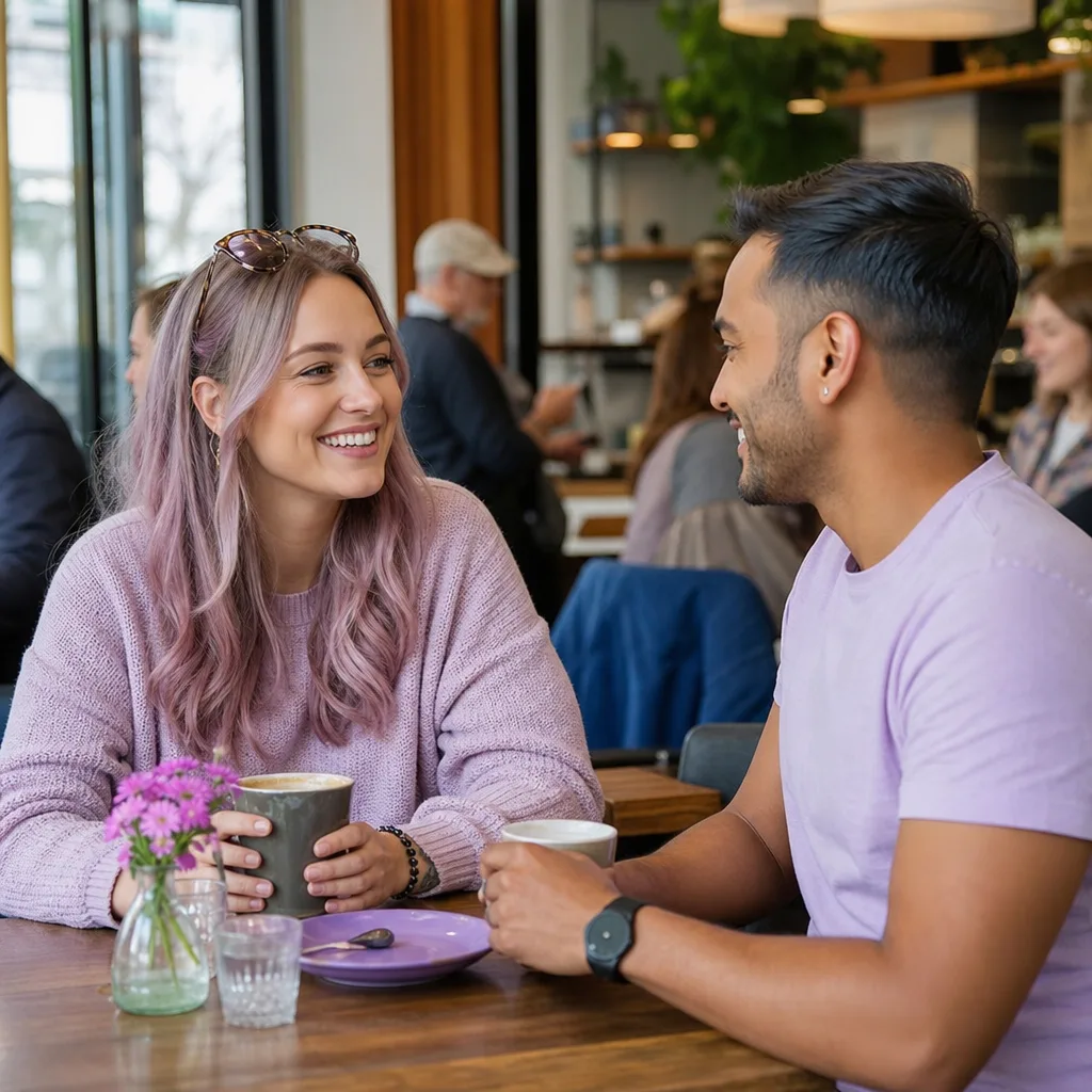 Two adults meeting outside a busy Adelaide venue in the early evening