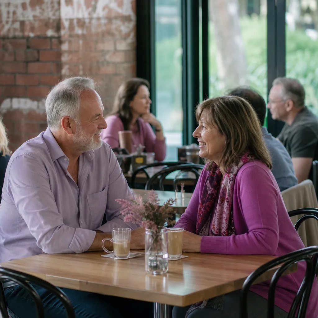 Mature couple walking near Adelaide Botanic Garden after meeting locally
