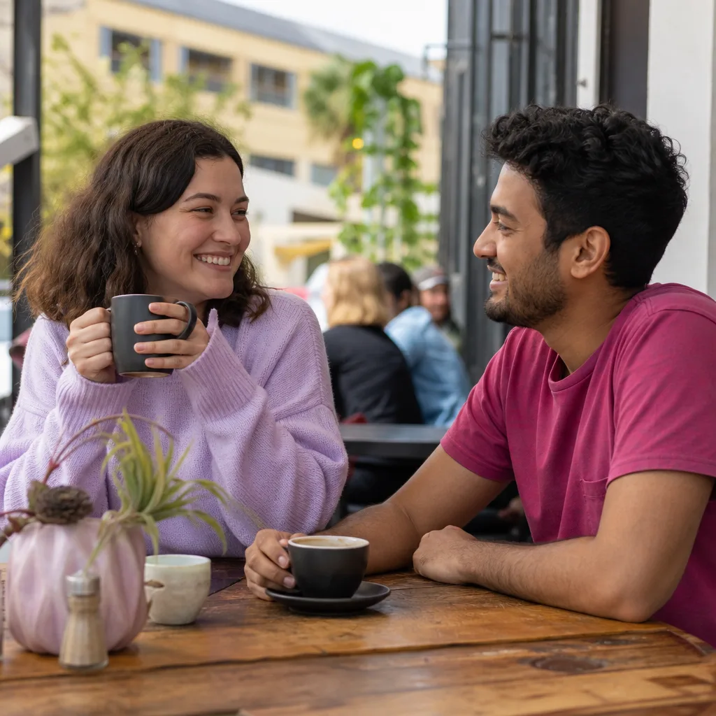 Two adults meeting for coffee at a bright Adelaide cafe